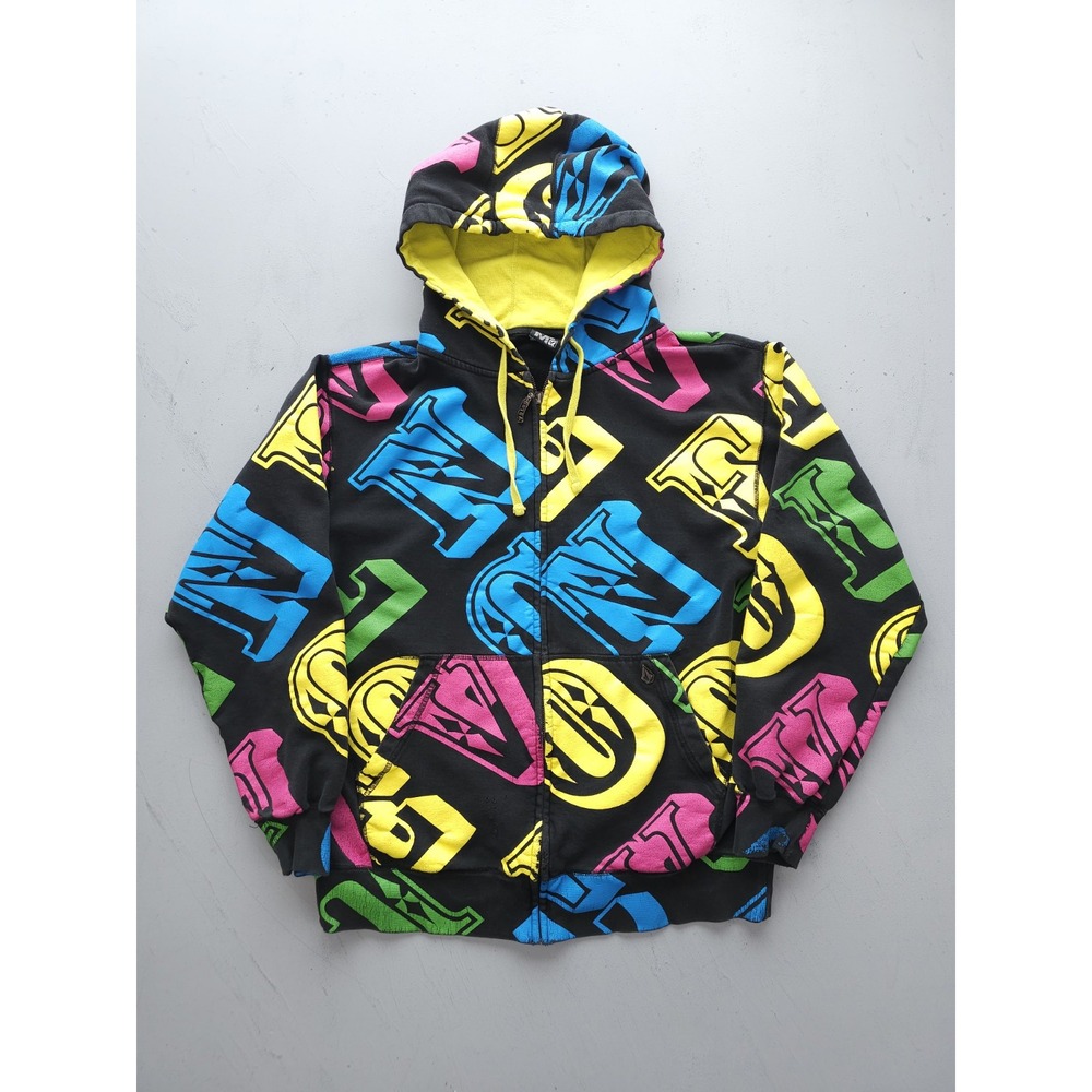 Vintage 2000s Volcom‎ AOP Black Full-Zip Hoodie Sweatshirt Rave Small
